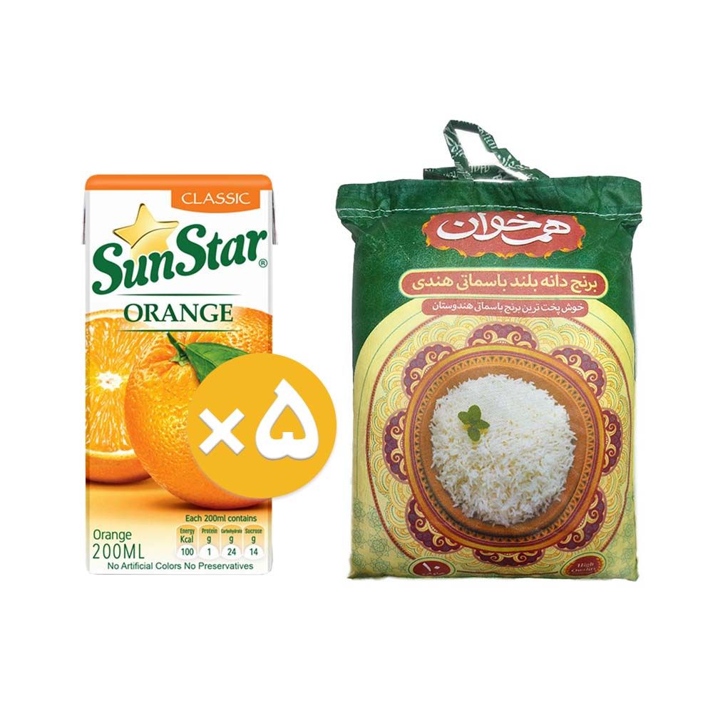 پک برنج دانه بلند هندی + 5 نوشیدنی پرتقال سان استا